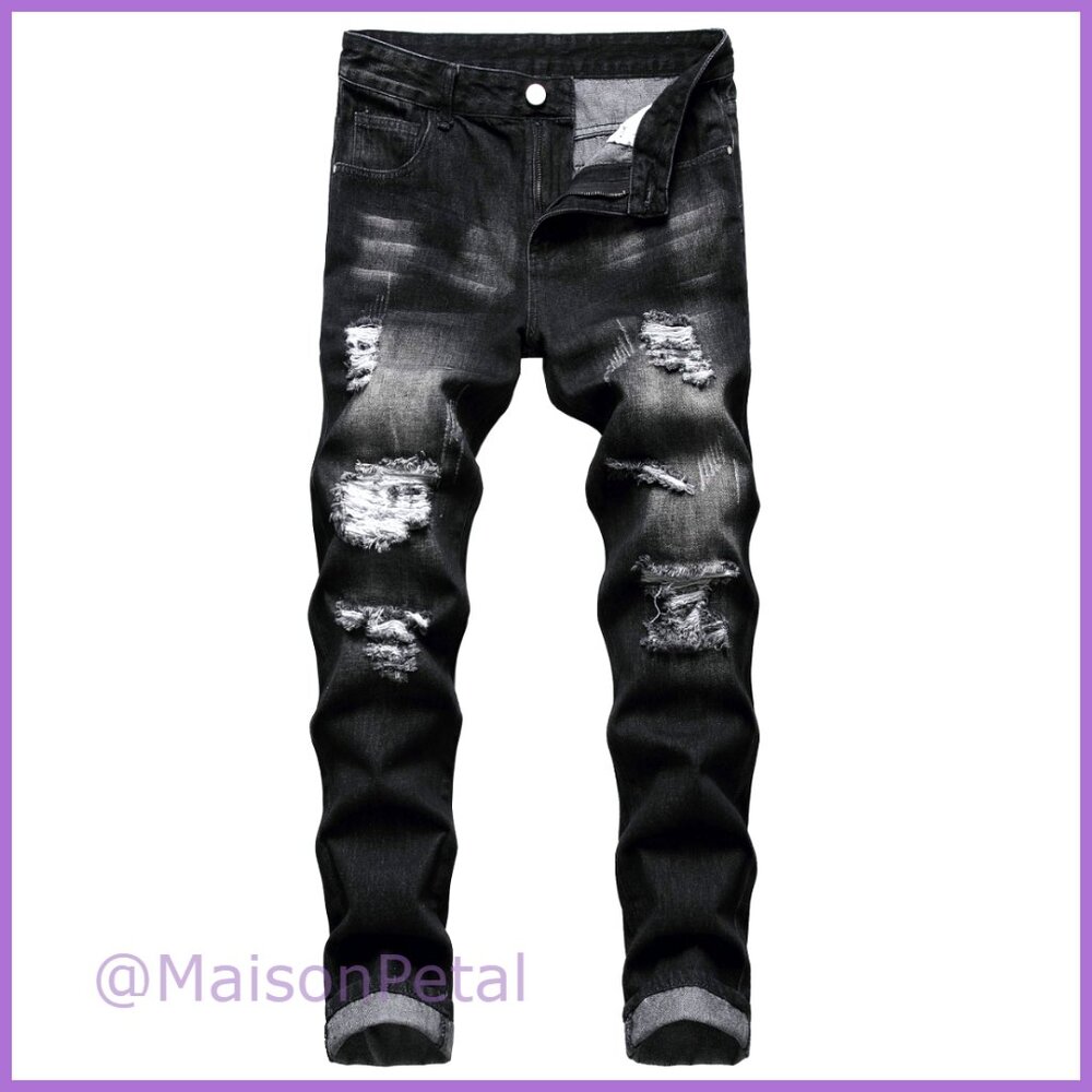 Ripped Distressed Slim Fit Straight Leg Denim Jeans